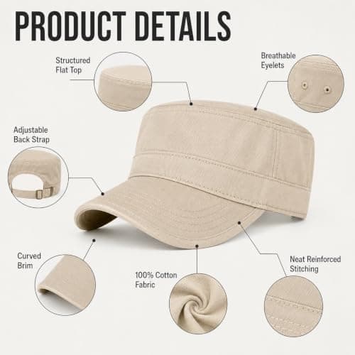 WHJYCC Men's Flat Top Cadet Cap, Light Beige, Size M, Curved Stitched Brim — view 4