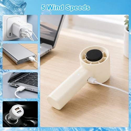 XTDMJ Hand Held Fan, Portable Mini Fan Handheld with 5 Speeds, Electric USB Rechargeable, Mini Desk Desktop Fans with Base for Outdoor Office Travel Camping School Home, Beige — view 4