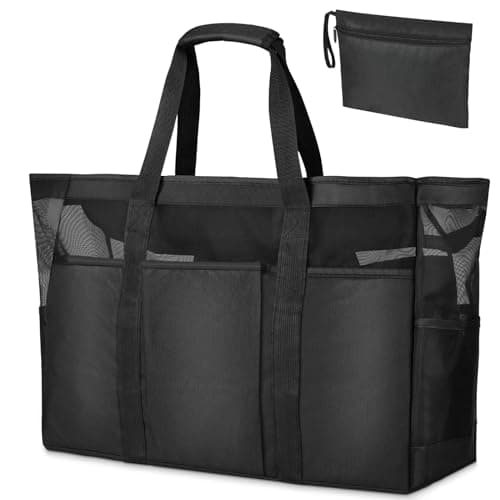flintronic Large Mesh Beach Bag, Summer Beach Bags with Zipper, Waterproof Travel Tote Nylon Mesh Bags, Multi Pockets Large Shoulder Bag for Travel Picnic Vacation Shopping-60 x 35 x 18 CM