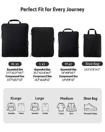 OrgaWise Extra Large Compression Packing Organiser 5/6 Set Cube Suitcase Storage Organizer Bag Expandable Packing Divider Pouch for Packing (Black 5set) — view 2