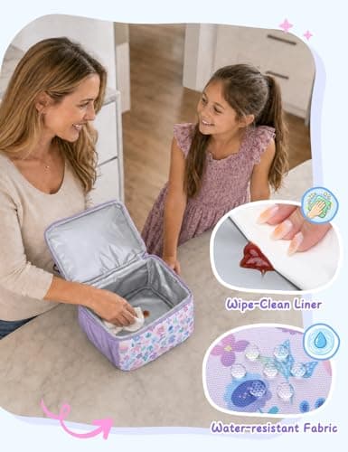 VASCHY Lunch Bag for Girls, Insulated Lunch Box Bag Double Decker Cooler Lunch Tote for Toddlers Kids Women School/Daycare/Picnic Lavender Floral — view 5