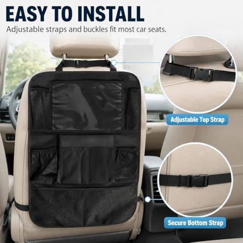 kefeimumu 2 Pcs Car Seat Organizer Backseat, Waterproof Car Back Organizer with Touch Screen Tablet Pocket, Anti-Dirty Kick Mat for Cars SUV Van Travel Accessories for Kids — view 5