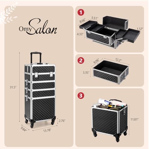Bonnlo 4 in 1 Rolling Makeup Train Case, Aluminum Makeup Travel Organizer Cosmetic Case, Cosmetology Display Suitcase on Wheels, Beauty Storage Luggage Lockable w/4 Removable Wheels - Black & Silver — view 2