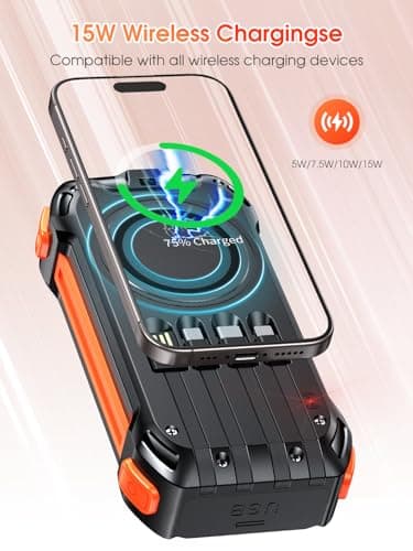 26800mAh Power Bank, 30W PD Fast Charging, Wireless Charger with 4 Built-in Cables, 3 Ports, LED Flashlights, Portable Battery Pack for Phones, Tablets, Camping (Orange) — view 3