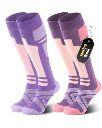 Niorasen Merino Wool Ski Socks Women, 2 Pairs Thermal Knee-High Socks for Winter, Full Cushion Thick Socks, Skiing, Snowboarding, Outdoor Sports, Hunting, Hiking, Pink/Purple 2 Pairs, UK 3-8