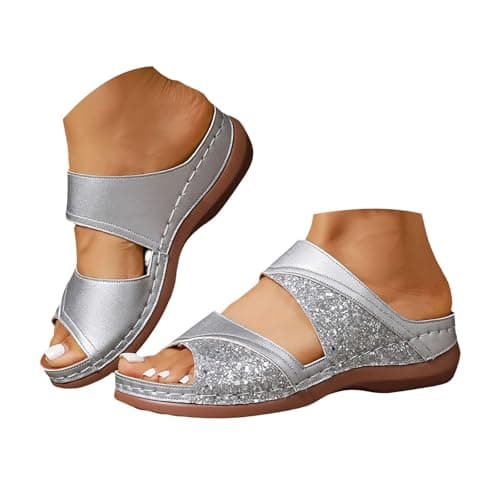 Nuoke Gladiator Sandals for Women, Sandals for Women 2026 Orthopedic Ladies Sandals Womens Arch Support Summer Slip Wide Fit Walking Slip on Platform Sliders Sport Wedges Shoes Silver 4