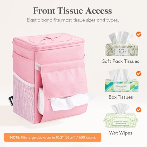 Lifewit Car Bin with Lid, Hanging Trash Bag with Tissue Holder, Pink — view 4