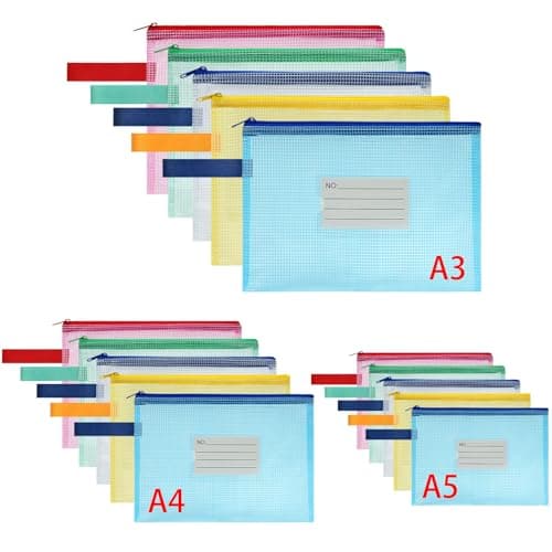 OFFCUP Plastic Wallets, 15PCS A3 A4 A5 Zipper Bags with Label Pocket