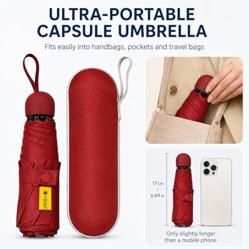 Mini Folding Umbrella with Case, Pocket Sized Lightweight Portable Umbrella, Light Compact Rain Umbrella for Travel Outdoor Daily Use, Small Sun Rain Pocket Umbrella for Girls and Women men (Red) — view 2