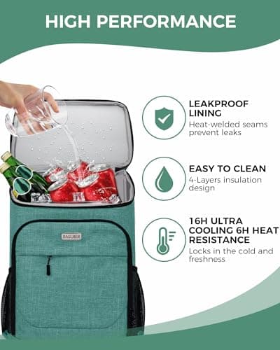 BAGLHER Lightweight Insulated Cooler Backpack - 30 Cans, Leak-Proof for Lunch, Picnic, Hiking, Camping Trips, Green — view 4