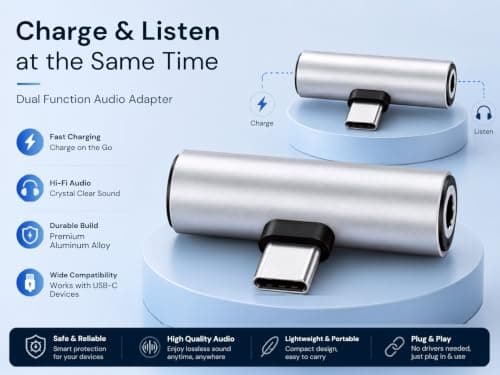USB C to 3.5mm Headphone Jack Adapters, 2 in 1 Type C to AUX Audio Converters with USB C Charging Port, Headphone & Charging Adapters for USB C Devices, Silver, 2 Pack — view 6