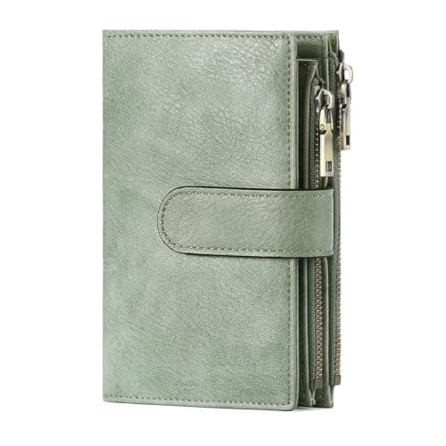 GOIACII Leather Purses for Women, Bifold Compact Womens Wallet with RFID Blocking, Medium Ladies Purse Credit Card Wallet with 16 Card Slots and Zip Coin Pocket