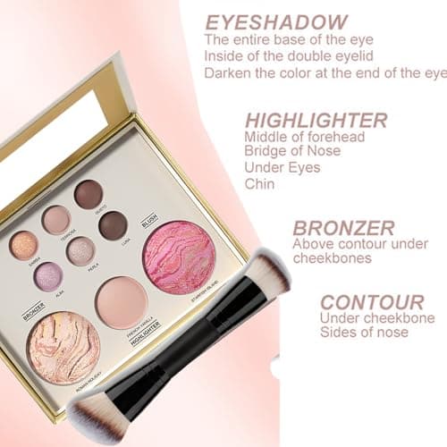 Baked Makeup Set Face Palette 3Pcs All-in-one Starter Make up Kit,Includes Powder Foundation,Bronzer, Blush, Highlighter and 6 Eyeshadows and Brush,Travel Gift Set for Women (Gold 3PCS) — view 4