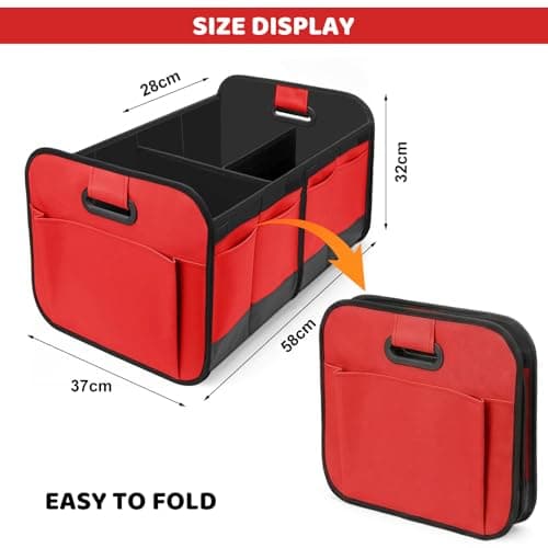 Car Boot Organiser - Foldable Car Boot Bag Car Trunk Organizer Storage Collapsible Trunk Organizer for most Cars, Waterproof Multi-Compartment Collapsible with Reinforced Base, Strong Handles(Red) — view 2