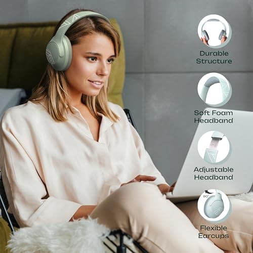 PowerLocus Bluetooth Headphones Over Ear, 50 Hours Playtime, 4 EQ Modes, Foldable Wireless Headphones with Microphone, HiFi Stereo, Lightweight & Wired Mode for Phone/Travel/PC (Mint Green) — view 3