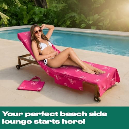 OHS Sun Lounger Towel with Pockets Bow Print, Soft Quick-Dry Absorbent Beach Towels for Adults Lightweight Large Microfibre Beach Towel Summer Holiday Essentials, Pink - 75 x 215cm — view 5
