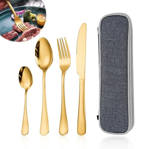 4Pcs Gold Cutlery Set with Travel Pouch, Knife and Fork Spoo Sets