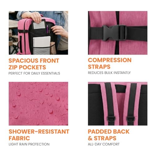Bordlite EasyJet Cabin Backpack 45x36x20cm PInk – Underseat Cabin Bag for Ryanair, Wizz Air & 30+ Airlines, Lightweight Carry On Travel Backpack with Compression Straps & Laptop Storage — view 3