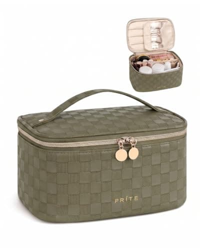 Prite Makeup Bag Toiletry Case for Women with Brush Holder, Green, Standard