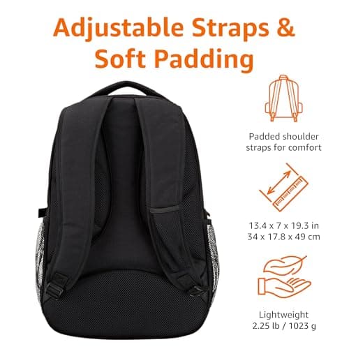 Amazon Basics Laptop Computer Backpack with padded shoulder straps and Organizational compartments for pens, keys, cellphone, Fits up to 17 inch/43 cm laptop (Black) — view 4