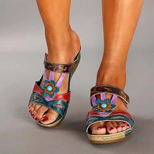 RLEHJN Orthopedic Sandals Women, Women's Sandals & Slides Vintage Bohemian Floral Wedge Sandal Open Toe Non-Slip Slippers Comfy Mules Holiday Beach Shoes Ladies Summer Shoes Blue Size 3-7.5 — view 2