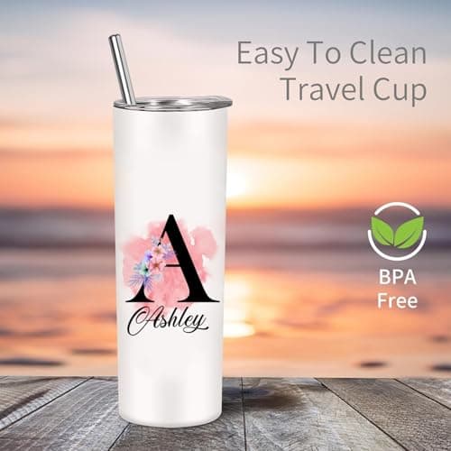 EKAM Personalised Floral Tumbler Stylish Initial with Name - Travel Coffee Mug, 20oz Stainless Steel Tumbler Cup with Straw and Lid, Custom Cup Gift for Christmas Day, Birthday, Any Occasion — view 3