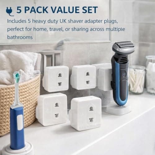 5 pack Heavy Duty White UK Shaver Adapter Plug 1A Fused – 2 Pin to 3 Pin Adapter for Electric Toothbrush & Razor, Portable Bathroom Plug Converter — view 3