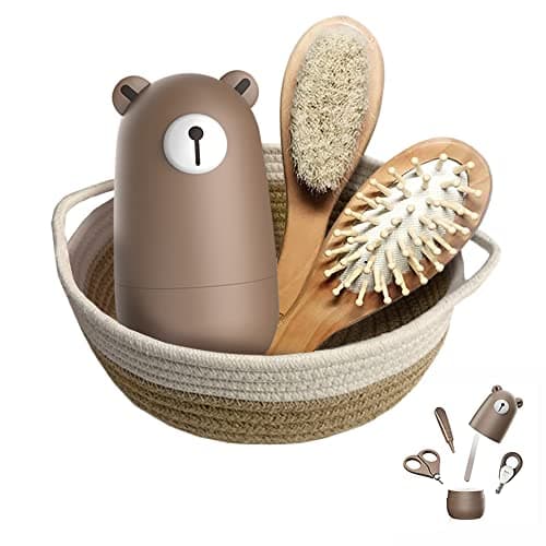 Baby 7 in 1 Grooming Set, Nail Scissors, Nail File, Tweezers, Natural Wood Hair Comb, Storage Basket for Children and Newborns in Beautiful Gift Box.