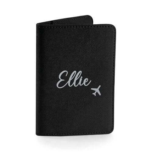 eBuyGB Personalised Passport Holder, Custom Name Passport Cover Travel Wallet, Faux Leather Travel Document Holder, Holiday, Honeymoon & Destination Wedding Gift for Her (Black)