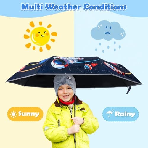 Decalsweet Kids Travel Folding Umbrella,Strong Windproof Automatic Compact Umbrella with Reflective Strips,UV Protection Sun Umbrella for Boys Girls-Astronaut Planet — view 2