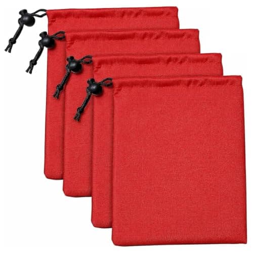 RubyTint 4 Pcs Red Drawstring Bags, Small Waterproof Nylon Storage Pouches 15 x 20 cm, Foldable Travel Organisers for Outdoor, Camping, Gym, School, Toiletries and Small Accessories (red-15 * 20)