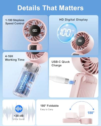 KinYiLO Portable Handheld Fan with 4000mAh Battery – 100-Speed Rechargeable Personal Cooling Fan, 16-Hour Runtime, 3-in-1 Desk & Handheld & Tilt Fan, Ultra-Quiet for Travel Beach Office, (Pink) — view 5