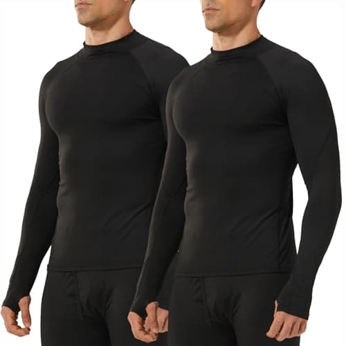 LANBAOSI 2 Pack Thermal Underwear for Men with Thumbholes Crewneck Long Sleeve Thermal Undershirt Men Base Layer Cold Weather, Black*2, Large
