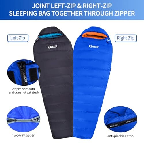 QEZER Down Sleeping Bag 4 Season, Lightweight Winter Sleeping Bag 7 Degree to -2 Degree for Adults and Kid Camping, Hiking and Backpacking Outdoor Filled 600+FP Down (sapphire800) — view 5