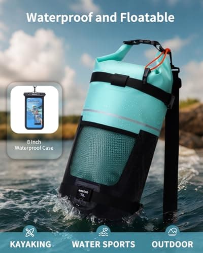 ECOHUB Waterproof Dry Bag for Women Men, 10L Roll Top Lightweight Dry Storage Bag Backpack for Kayaking Boating Swimming Canoeing Fishing with Waterproof Phone Case, Mint Green — view 3