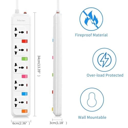 Mscien 5 Way Travel Extension Lead, 5 Independent Switches, UK Plug Universal Power Strip Overload Protection Mountable with 1.8 Meter Extension Cord — view 4