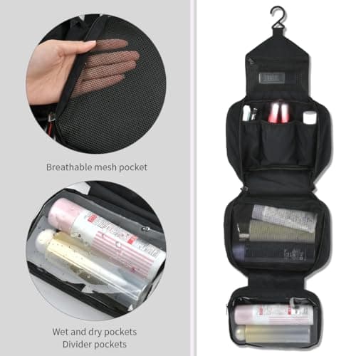 TIMESETL Hanging Toiletry Bag High-Density Nylon Fabric, Toiletry Bags for Women Travel Waterproof and Tear-Resistant, Compartment Wash Bag Black, Hanging Travel Wash Bag — view 3