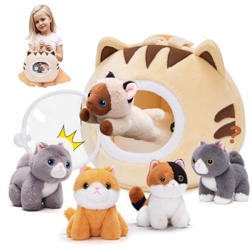 OUOZZZ Cat Plush Teddy Set, Cat Toys for Kids with Carrier Bag & Mat