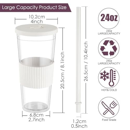 2 Pack Reusable Bubble Tea Cups, 750ml/24oz Travel Water Tumbler with Straw & Lid, Leakproof Clear Plastic Mug Cup, Double Wall Smoothie Tumbler with Wide Straw for Bubble Tea, Milkshake, Iced Coffee — view 4
