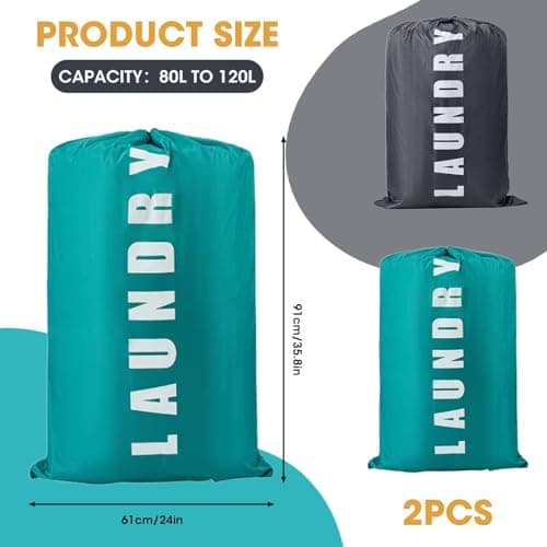 Large Travel Laundry Bag with Drawstring Cord 2 Pack 24" x 36" Portable Clothes Bags Extra Big Dirty Clothing Storage Sack Rip-Stop Washing Bag for Trip Caravan Bathroom Home Dormitory, Blue and Grey — view 2