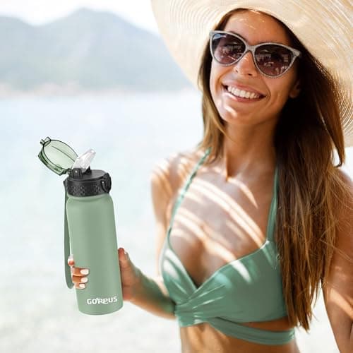 GOPPUS 600ml/20oz Stainless Water Bottle with Straw Double Wall Insulated Bottles with Strap One Hand Open Vacuum Thermal Flask with Flip Top Lid Leakproof Keep Cold Drinks BPA Free (Sage Green) — view 6