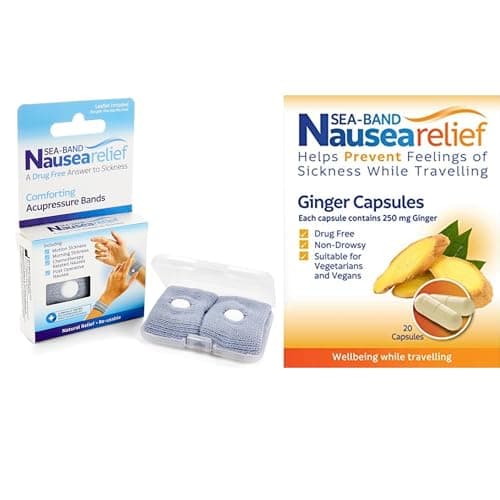 Sea-Band Travel & Motion Sickness and Nausea Relief, Ginger Capsules and Acupressure Wristbands Bundle, (1 x Pair of Adult Grey, 1 x Pack of Ginger Capsules, 20 Capsules)