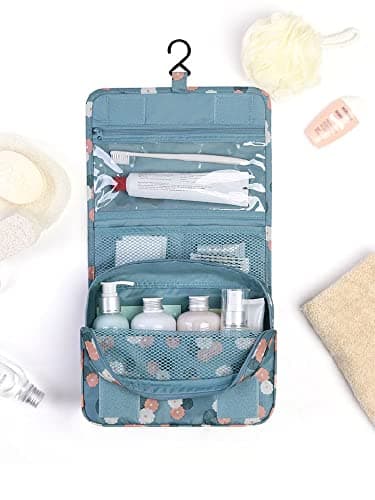 Travel Hanging Toiletry Wash Bag Makeup Cosmetic Organizer Hanging Toiletry Bags for Women, Waterproof Multifunctional Cosmetics Storage Bag for Girls Men (Blue Flowers) — view 2