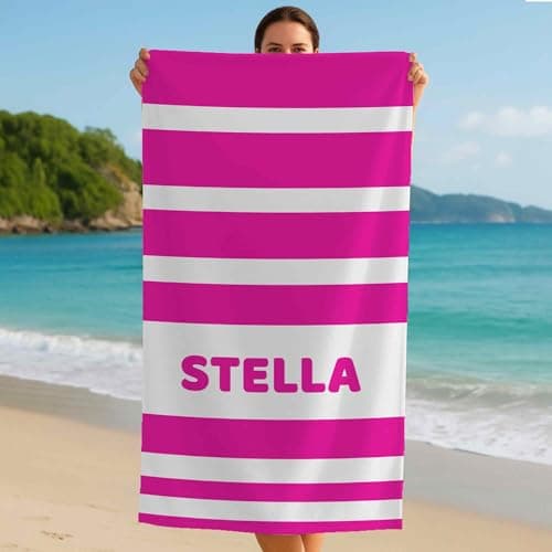 Custom Name Printed Beach Towel Personalised Microfibre Quick Dry Sand Free Large Travel Towel Stripe Style for Holiday Pool Swimming Gym Spa Gift for Him Her