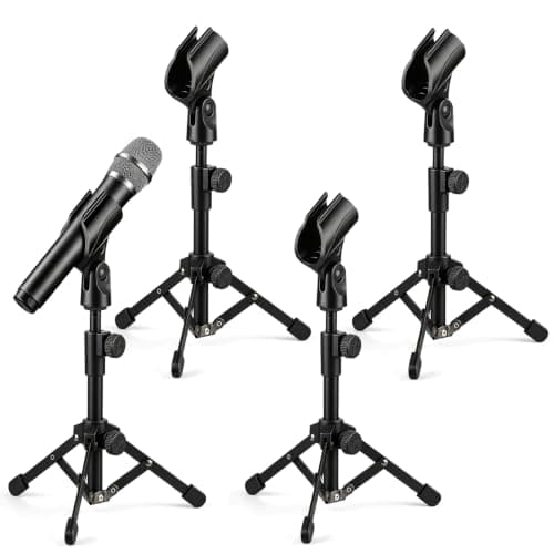4 Pack Desk Mic Stand, Portable Foldable Tripod Microphone Stand with Mic Clip Holder, Adjustable Tabletop Stand for Blue Yeti, Snowball, Shure SM58, Dynamic & Condenser Microphones ﻿