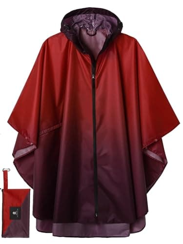 SaphiRose Rain Poncho Jacket Coat Hooded for Adults with Pockets, Burgundy Gradient, One size