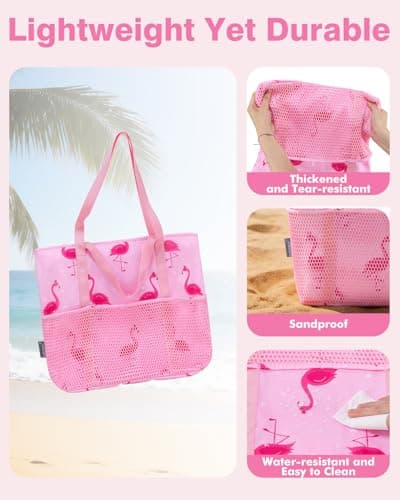 Beach Bag with Zip and Pockets Small Beach Tote Bags Women, Pink Flamingo — view 6
