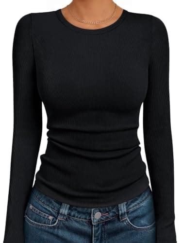 LILLUSORY Womens Long Sleeve Tops UK Ribbed Slim Fit T Shirts Black S