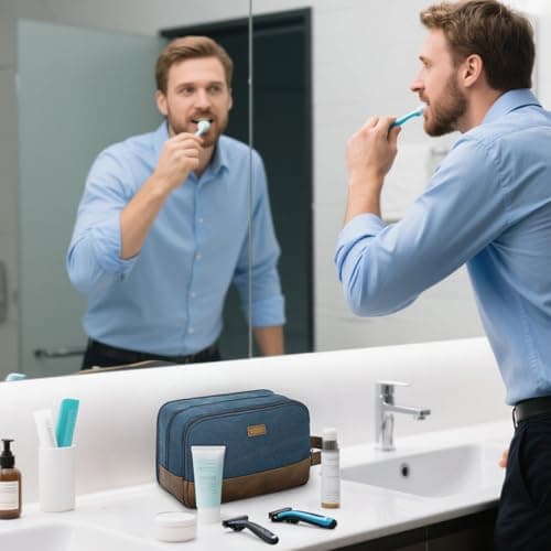WANDF Toiletry Bag for Men, Travel Wash Bag with Handle, Water-Resistant Canvas Shaving Organiser, SBS Metal Zipper Dopp Kit for Makeup Bathroom Gym (Blue) — view 5