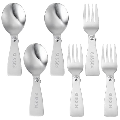 Mabor 6 PCS Folding Spoon and Fork Set, Stainless Steel Foldable Utensils for Food Jar Lunch Box Travel Camping Picnic Outdoor Dining Accessories, Silver